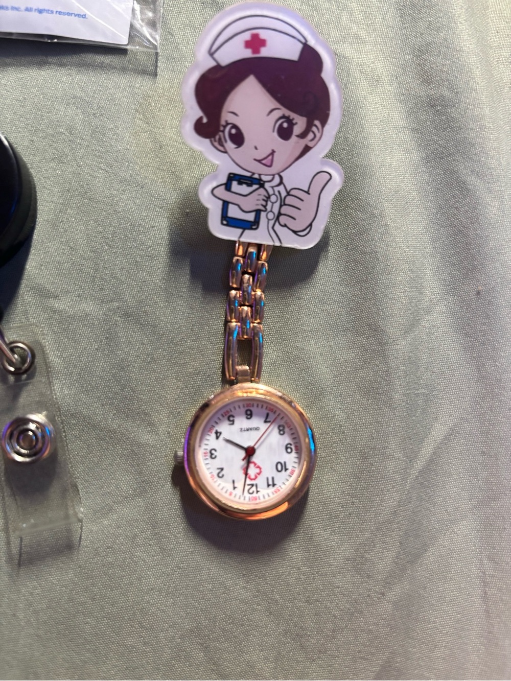 Nurse Clip-On Fob Watch in Rose Gold with Cartoon Nurse Badge
